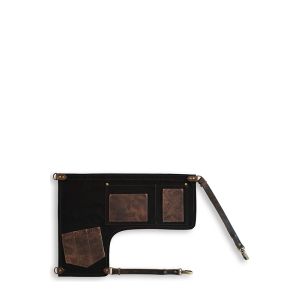 tessuto in tela nera e tasche in pelle marrone caffè.