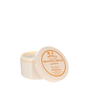 Crema da rasatura Sandalwood di D.R. Harris in confezione di plastica da 150gr con tappo a vite.